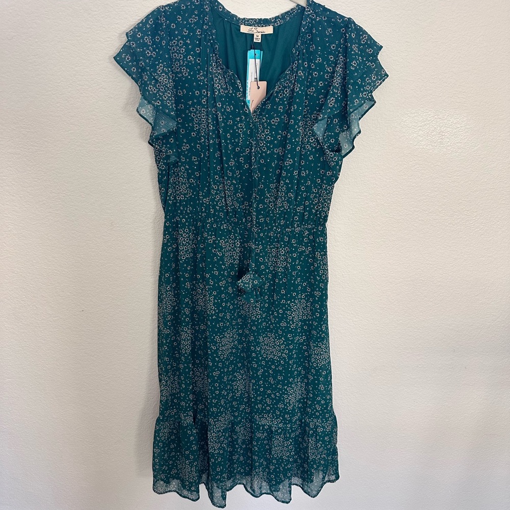 Les Serein Teal Floral Ruffle Sleeve Midi Dress | Size M -NWT